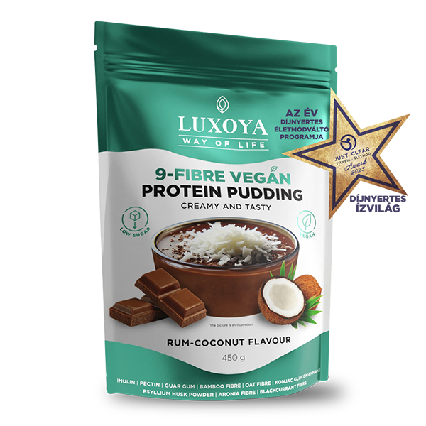 9-FIBRE VEGAN PROTEIN PUDDING - VEGÁN FEHÉRJÉT TARTALMAZÓ ROSTPUDING 9 FÉLE NÖVÉNYI ROSTTAL 450 g - Rumos-kókuszos csokoládé ízű