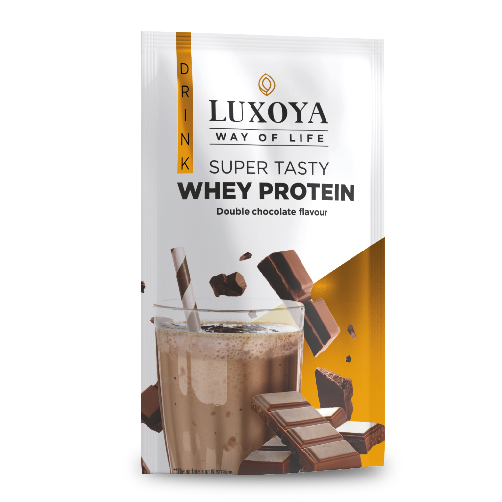 Luxoya SUPER TASTY WHEY PROTEIN - PRÉMIUM TEJSAVÓ FEHÉRJE ITALPOR 30 g - Dupla csokoládé ízű - VALÓDI CSOKIDARABOKKAL!