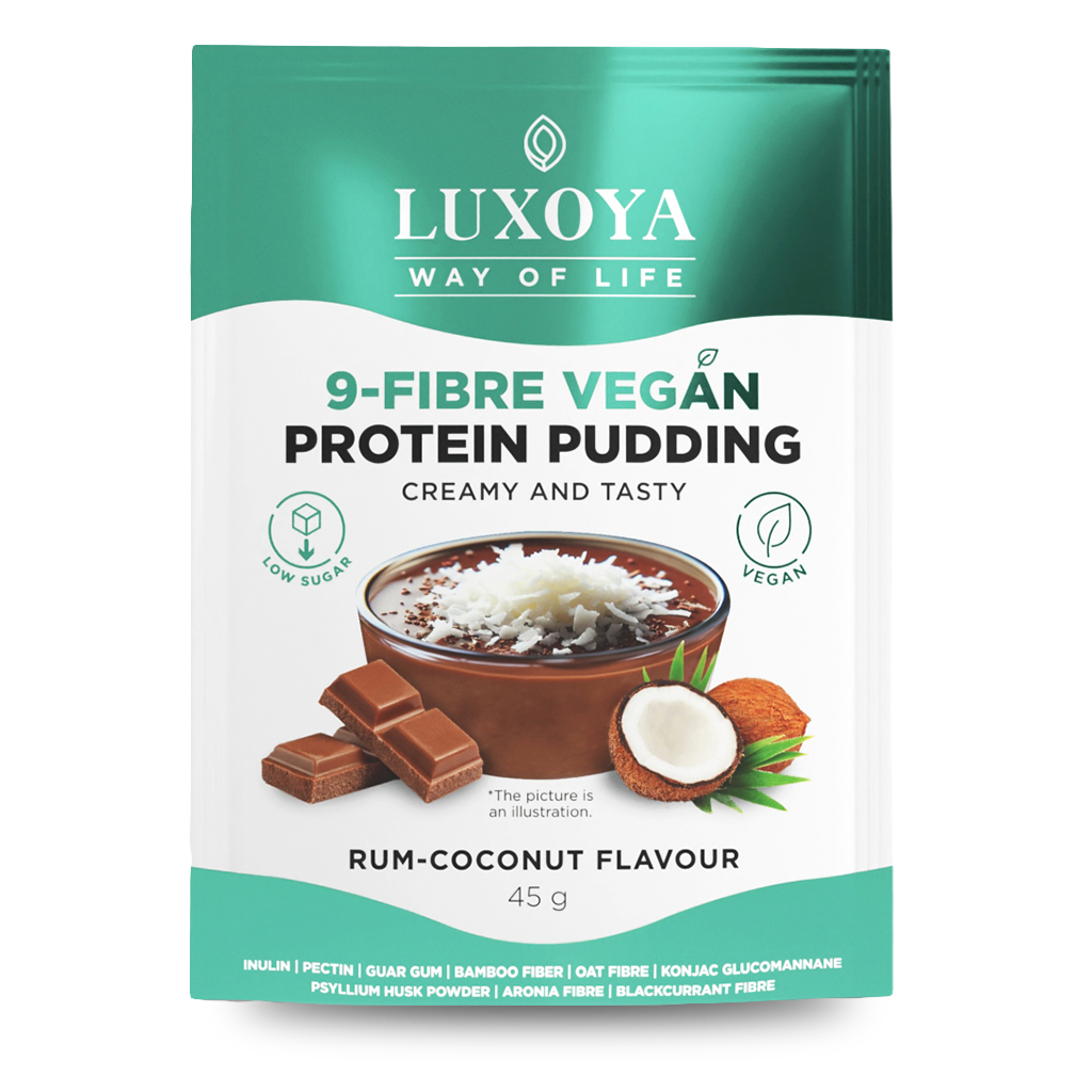 9-FIBRE VEGAN PROTEIN PUDDING - VEGÁN FEHÉRJÉT TARTALMAZÓ ROSTPUDING 9 FÉLE NÖVÉNYI ROSTTAL 45 g - Rumos-kókuszos csokoládé ízű